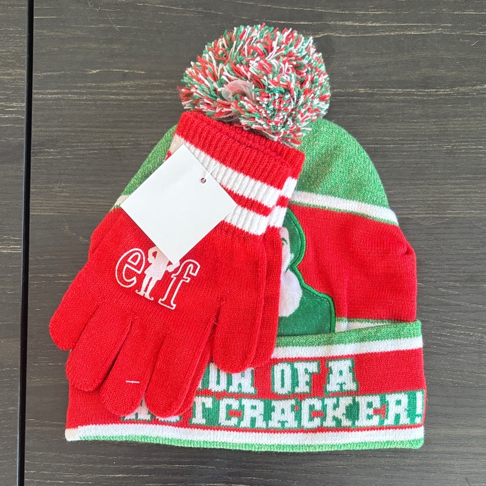 ELF Festive Red and Green Kids Hat and Gloves